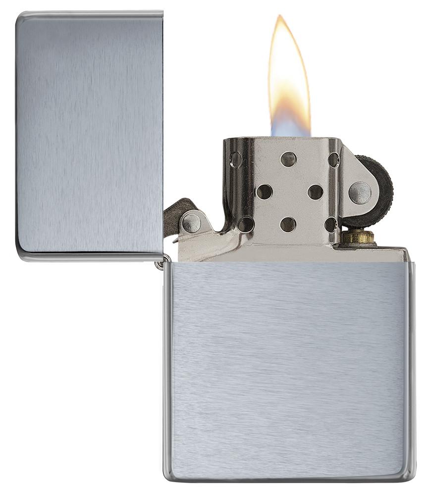 Brushed Chrome Vintage Windproof Lighter open and lit
