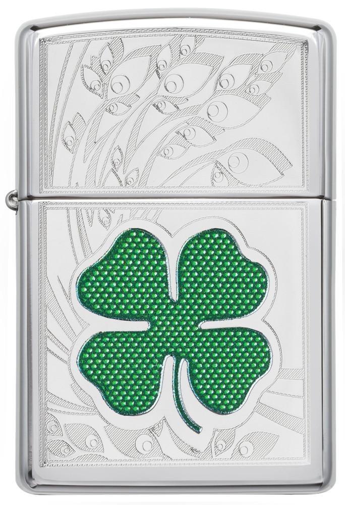 24699, Green & Silver Shamrock, Color Image & Auto Engraving, High Polish Chrome Finish