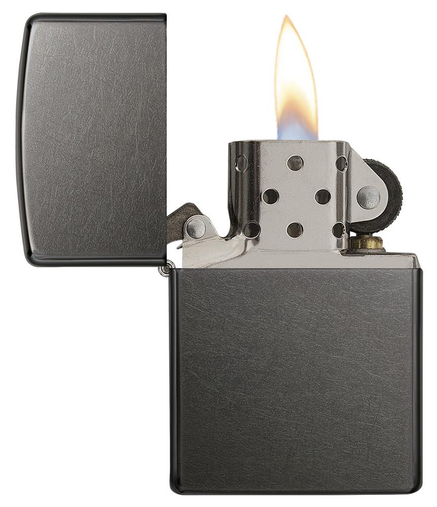 Gray Windproof Lighter open and lit
