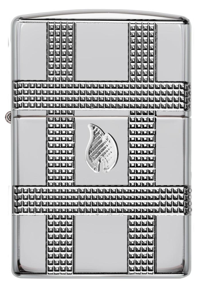 Back view of Geometric Design High Polish Chrome Windproof Lighter