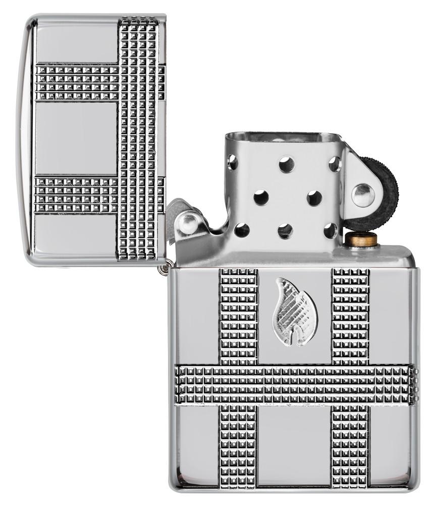 Geometric Design High Polish Chrome Windproof Lighter with its lid open and unlit