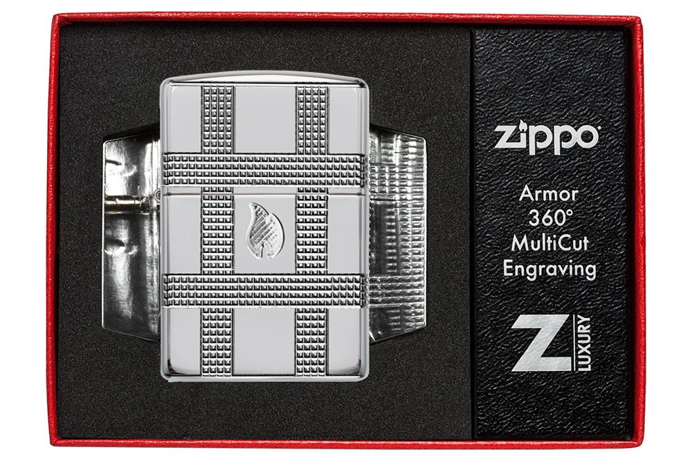 Geometric Design High Polish Chrome Windproof Lighter in its packaging
