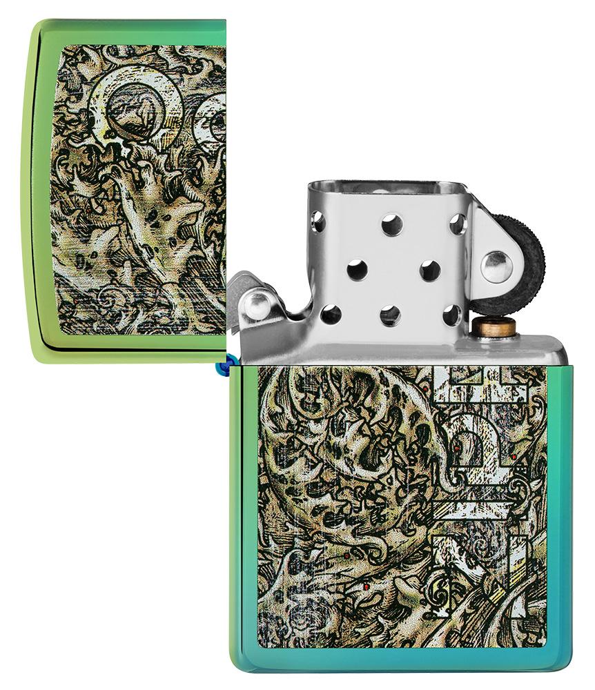 Zippo Design High Polish Teal Windproof Lighter with its lid open and unlit