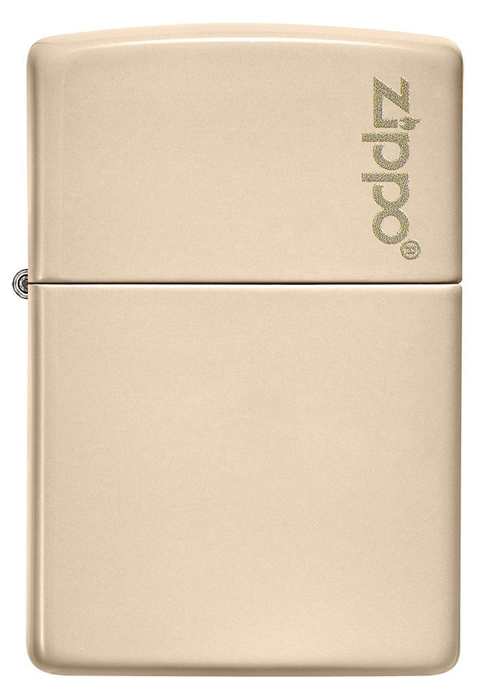Front view of the Classic Flat Sand Zippo Logo pocket lighter