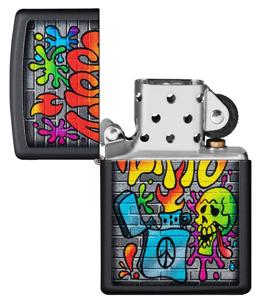 Zippo Street Art Design Black Matte Windproof Lighter with its lid open and unlit