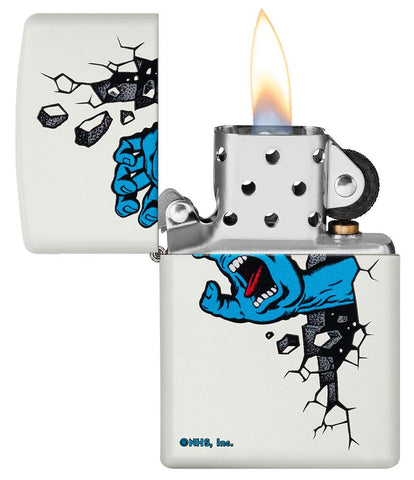 Santa Cruz Screaming Hand White Matte Windproof Lighter with its lid open and lit