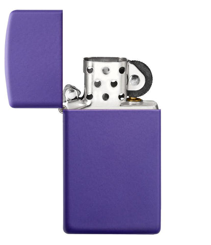 Slim Purple Matte Windproof Lighter with its lid open and unlit