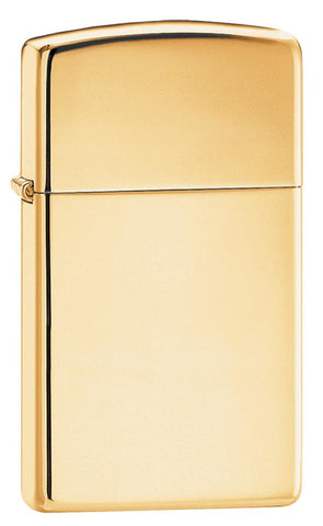 Front shot of Slim® High Polish Brass Finish Windproof Lighter standing at a 3/4 angle