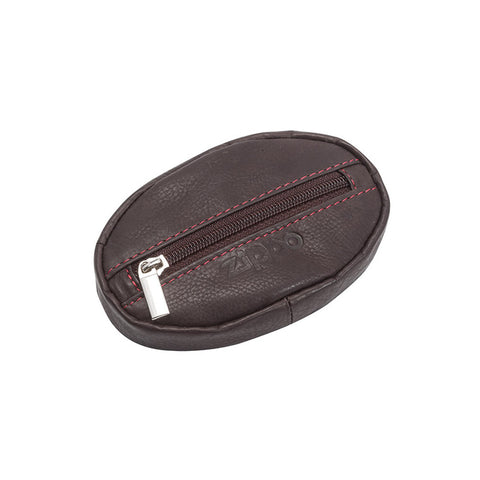 Oval Leather Coin Zip Pouch Brown