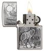 Timberwolves Windproof Lighter with its lid open and lit