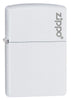 Front shot of Classic White Matte Zippo Logo Windproof Lighter standing at a 3/4 angle