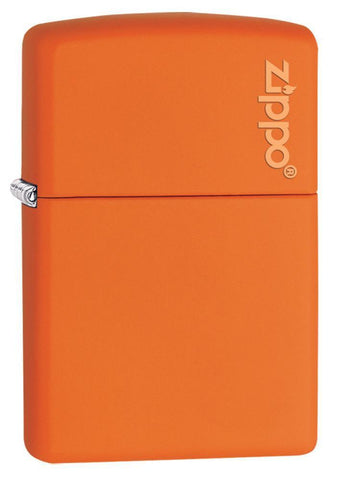 Front shot of Classic Orange Matte Zippo Logo Windproof Lighter standing at a 3/4 angle