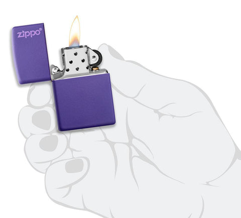 Purple Matte Zippo Logo windproof lighter lit in hand