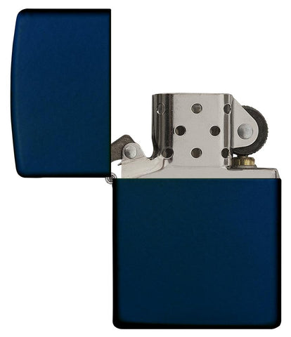 Classic Navy Matte Windproof Lighter with its lid open and unlit