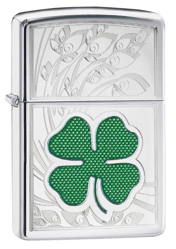 24699, Green & Silver Shamrock, Color Image & Auto Engraving, High Polish Chrome Finish