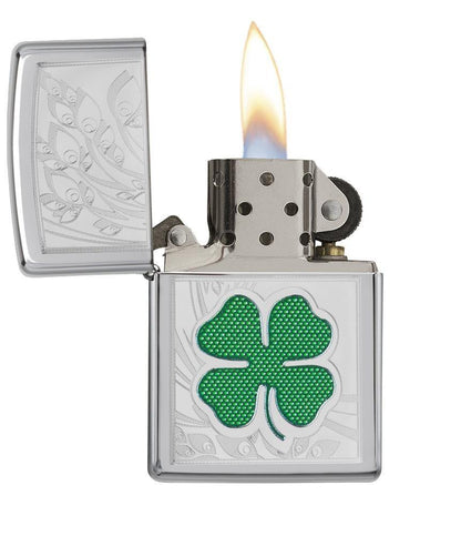 24699, Green & Silver Shamrock, Color Image & Auto Engraving, High Polish Chrome Finish