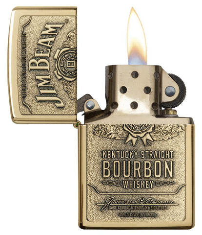 Jim Beam Bronze Bourbon Whiskey Emblem High Polish Brass Windproof Lighter open and lit
