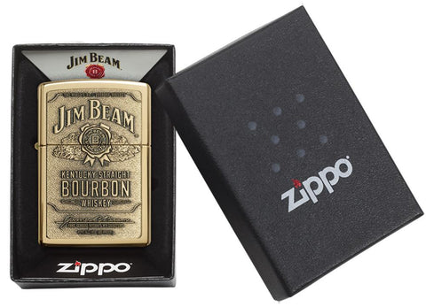 Jim Beam Bronze Bourbon Whiskey Emblem High Polish Brass Windproof Lighter in packaging