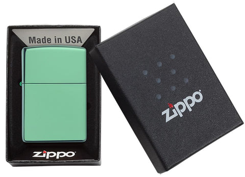 Classic High Polish Green Windproof Lighter in its packaging