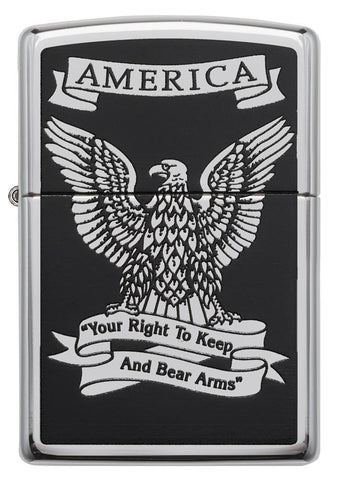 Black and White Americana High Polish Chrome Windproof Lighter Front View