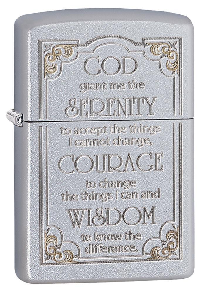 Front shot of Satin Chrome Serenity Prayer Windproof Lighter standing at a 3/4 angle
