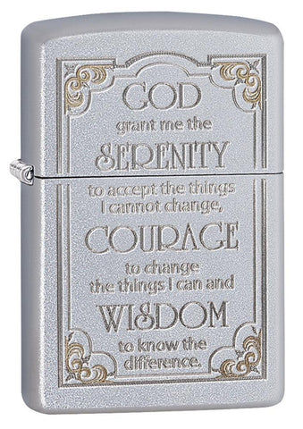 Front shot of Satin Chrome Serenity Prayer Windproof Lighter standing at a 3/4 angle
