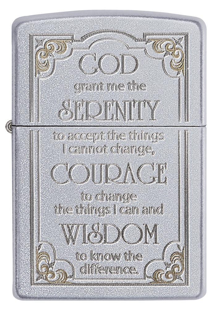 Front shot of Satin Chrome Serenity Prayer Windproof Lighter
