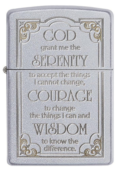 Front shot of Satin Chrome Serenity Prayer Windproof Lighter