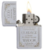 Satin Chrome Serenity Prayer Windproof Lighter with its lid open and lit