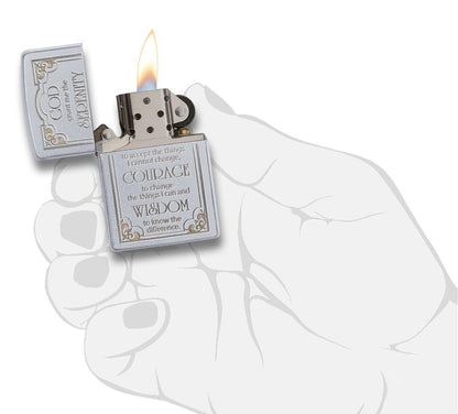 Satin Chrome Serenity Prayer Windproof Lighter lit in hand