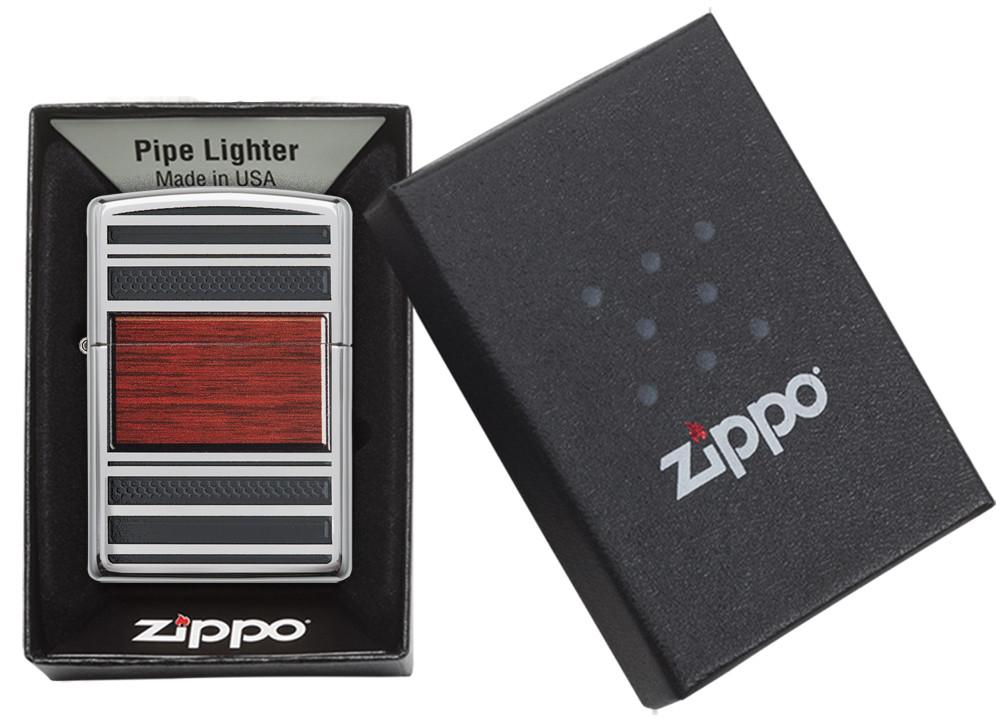 Pipe Wood Design High Polish Chrome Windproof Lighter in its packaging
