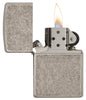 Armor™  Antique Silver Plate Windproof Lighter with lid open and lit