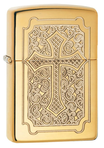 29436, Eccentric Religious Golden Cross, Deeo Carve, High Polish Brass, Armor Case