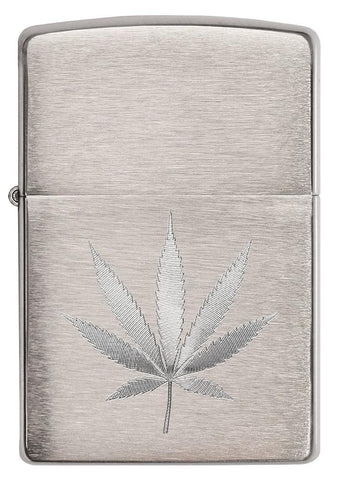 Front shot of Chrome Marijuana Leaf Design Brushed Chrome Windproof Lighter