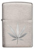 Front shot of Chrome Marijuana Leaf Design Brushed Chrome Windproof Lighter