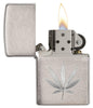 Chrome Marijuana Leaf Design Brushed Chrome Windproof Lighter with its lid open and lit