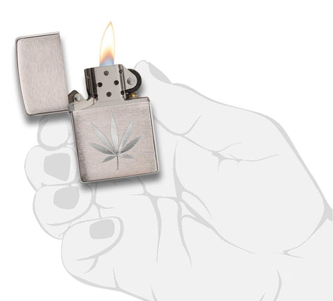 Chrome Marijuana Leaf Design Brushed Chrome Windproof Lighter lit in hand