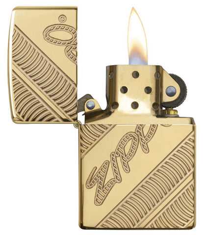 29625 Zippo Coiled Deep Carve Engraving on a High Polish Brass Lighter - Open Lit