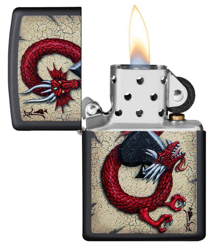 Dragon Ace Design Black Matte Windproof Lighter with its lid open and lit