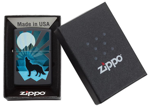 Wolf and Moon Design Windproof Lighter in packaging