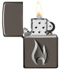 Zippo Flame Design Windproof Lighter with its lid open and lit