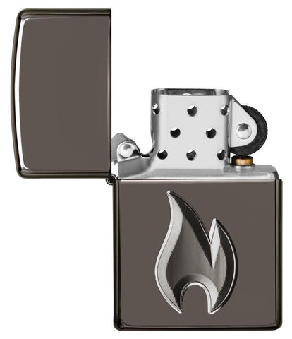 Zippo Flame Design Windproof Lighter with its lid open and unlit