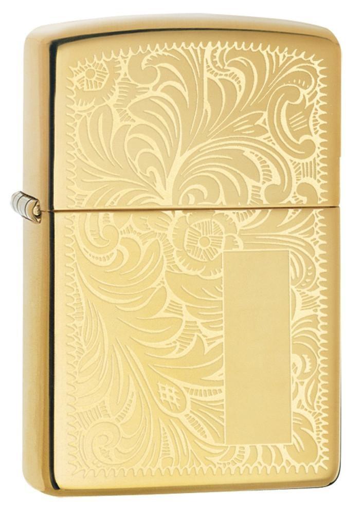 High Polish Brass Venetian Lighter with Initial Panel 3/4 View