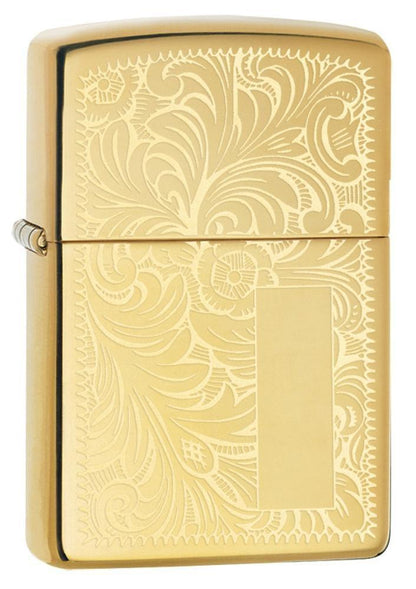 High Polish Brass Venetian Lighter with Initial Panel 3/4 View