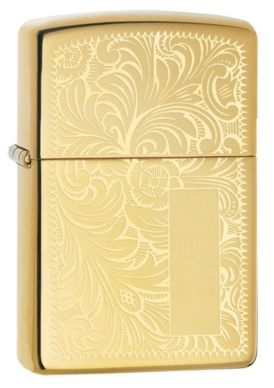 High Polish Brass Venetian Lighter with Initial Panel 3/4 View