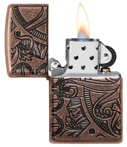 Armor Nautical Scene Design Antique Copper Windproof Lighter with its lid open and lit