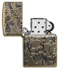 Armor® Antique Brass Skull Design Windproof Lighter with its lid open and unlit