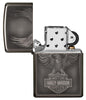 Harley-Davidson Black Ice Windproof Lighter with its lid open and unlit