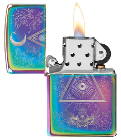 Eye of Providence Design Windproof Lighter with its lid open and litn