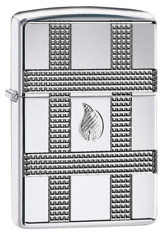 Front view of Geometric Design High Polish Chrome Windproof Lighter standing at a 3/4 angle